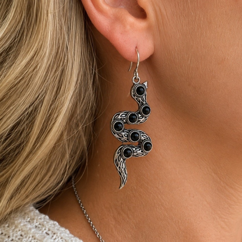 Black Onyx Gemstone Handmade Drop Dangle Snake Earrings Jewelry 2.4" Boho New